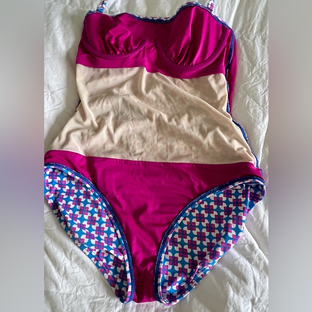 ECHO Design Mid Century Style Retro Geometric One Piece Swimsuit Blue and Purple - Picture 11 of 12